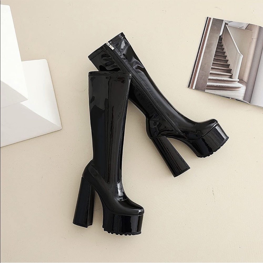 - vivianly Platform Knee High Boots Round Toe Block High Heel Boots Side Z…